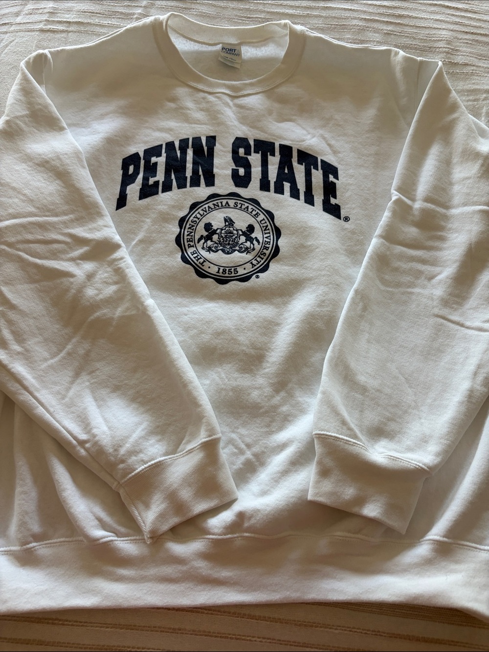 Port and Company White Penn State Crewneck Sweatshirt with Navy Print